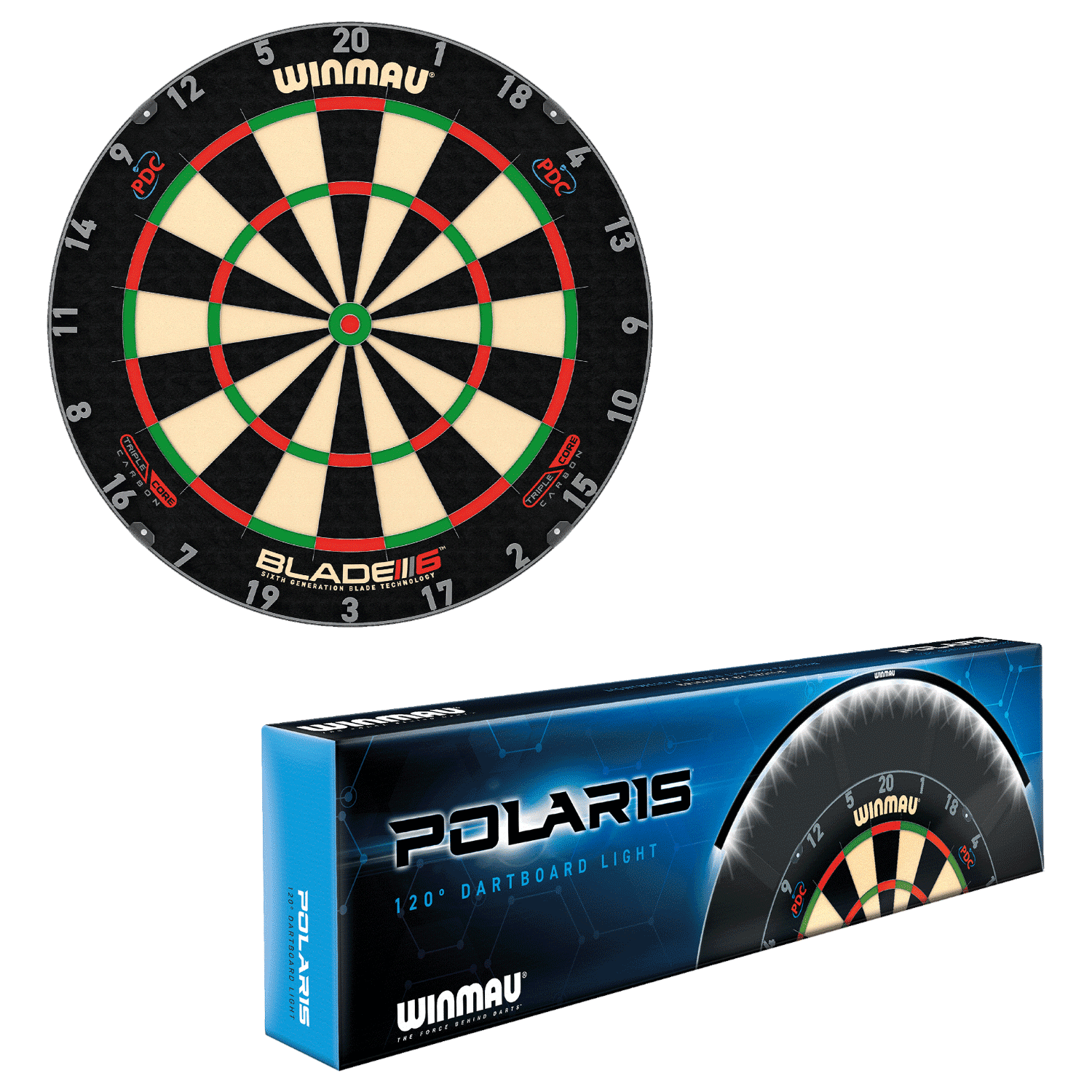 Winmau Blade 6 Triple Core Dartboard mit Polaris Beleuchtung Set